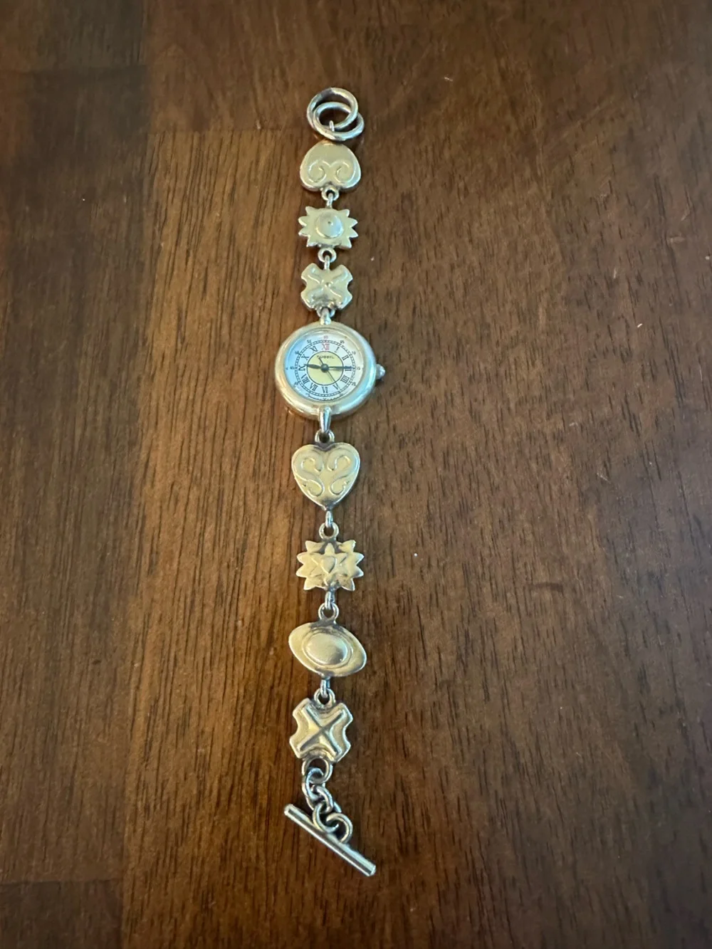 Vintage Fossil Heart & Motif Charm Bracelet Watch - Silver Tone